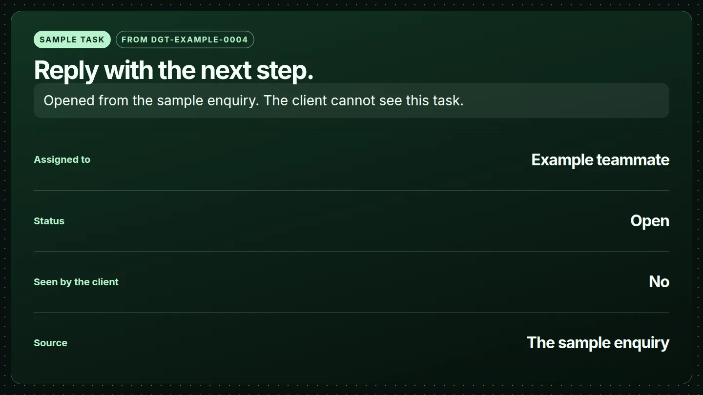 Sample task opened from that record and assigned to Example teammate.